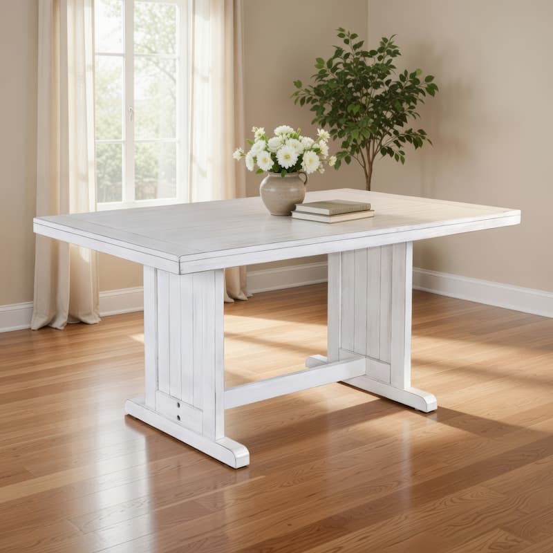Sime Dining Table, 60 Inch Rectangular Plank Top, Off White Wood