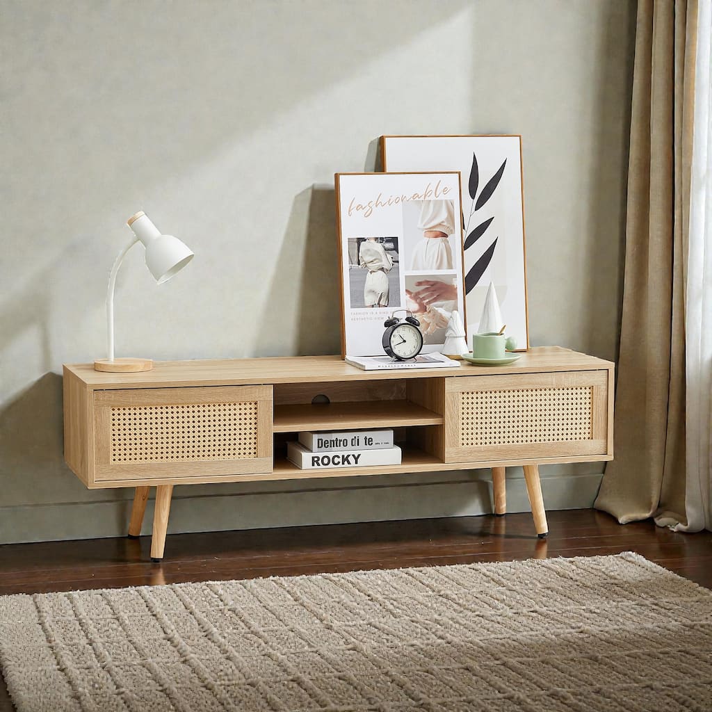 55" Rattan TV Stand with Sliding Doors, Mid Century Media Console with Adjustable Shelf & Solid Wood Legs for Living Room