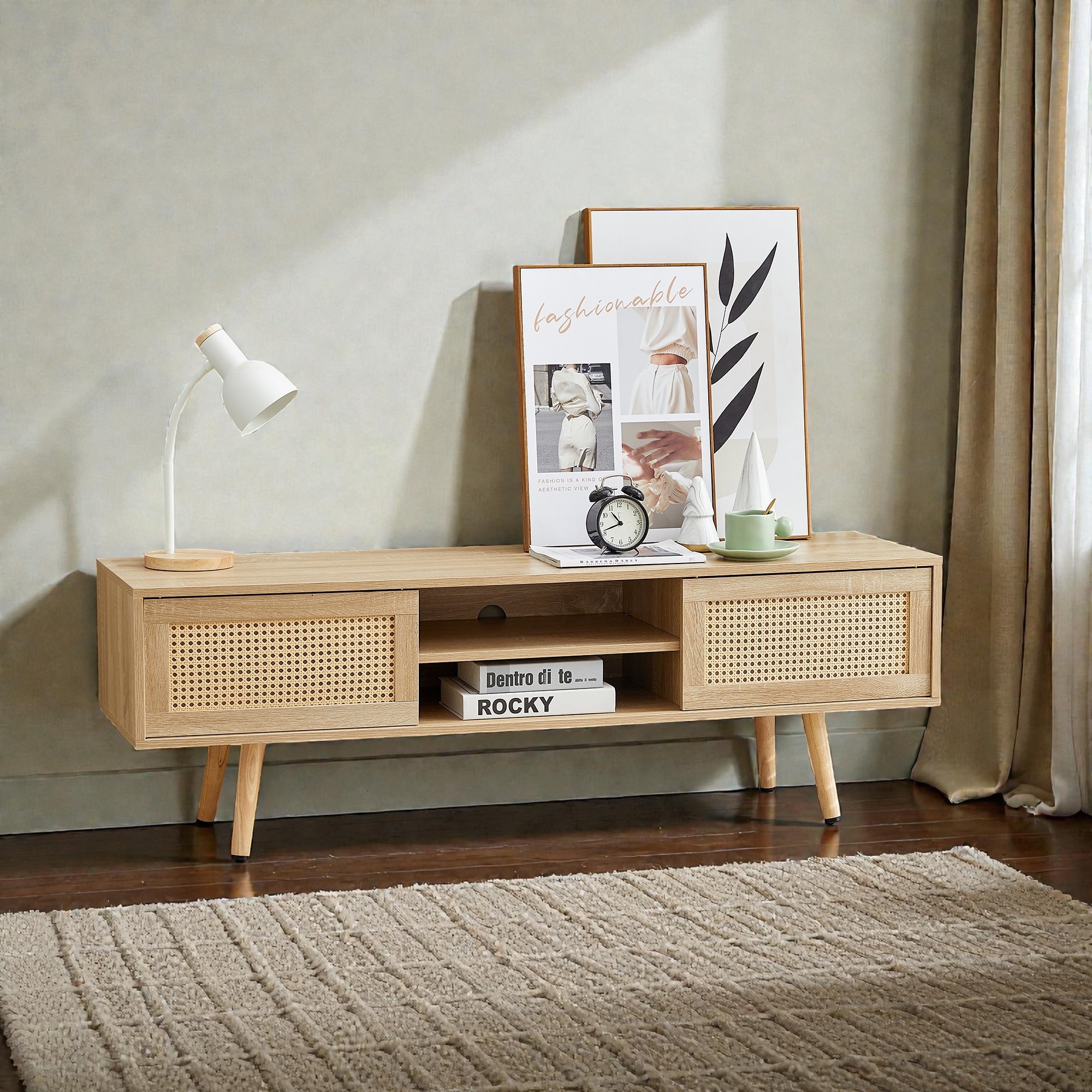55" Rattan TV Stand with Sliding Doors, Mid Century Media Console with Adjustable Shelf & Solid Wood Legs for Living Room