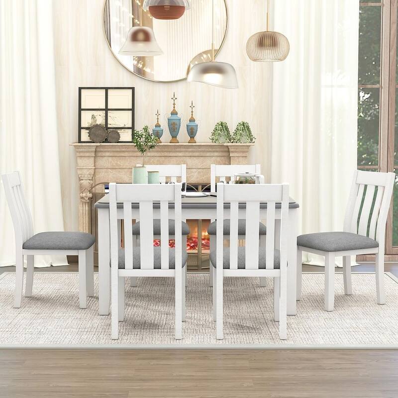 Retro Style 7 PCS Dining Table Set for 6-Extendable Table and 6 Upholstered Chairs