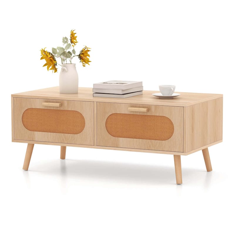 Rectangular Accent Table Rattan Coffee Table Modern Center Table - Natural