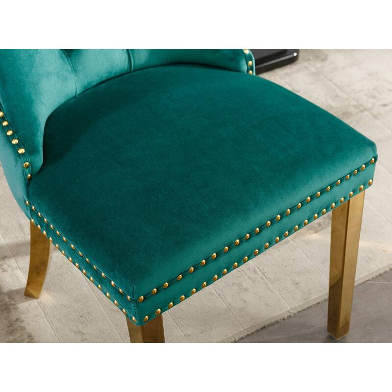 Set of 2 Velvet Dining Chairs with Nailhead Trim and Gold-Plated Legs