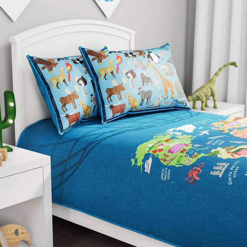 World Map 3 Piece Quilt Set-Twin XL Bedding & 2 Pillow Shams by Hastings Home