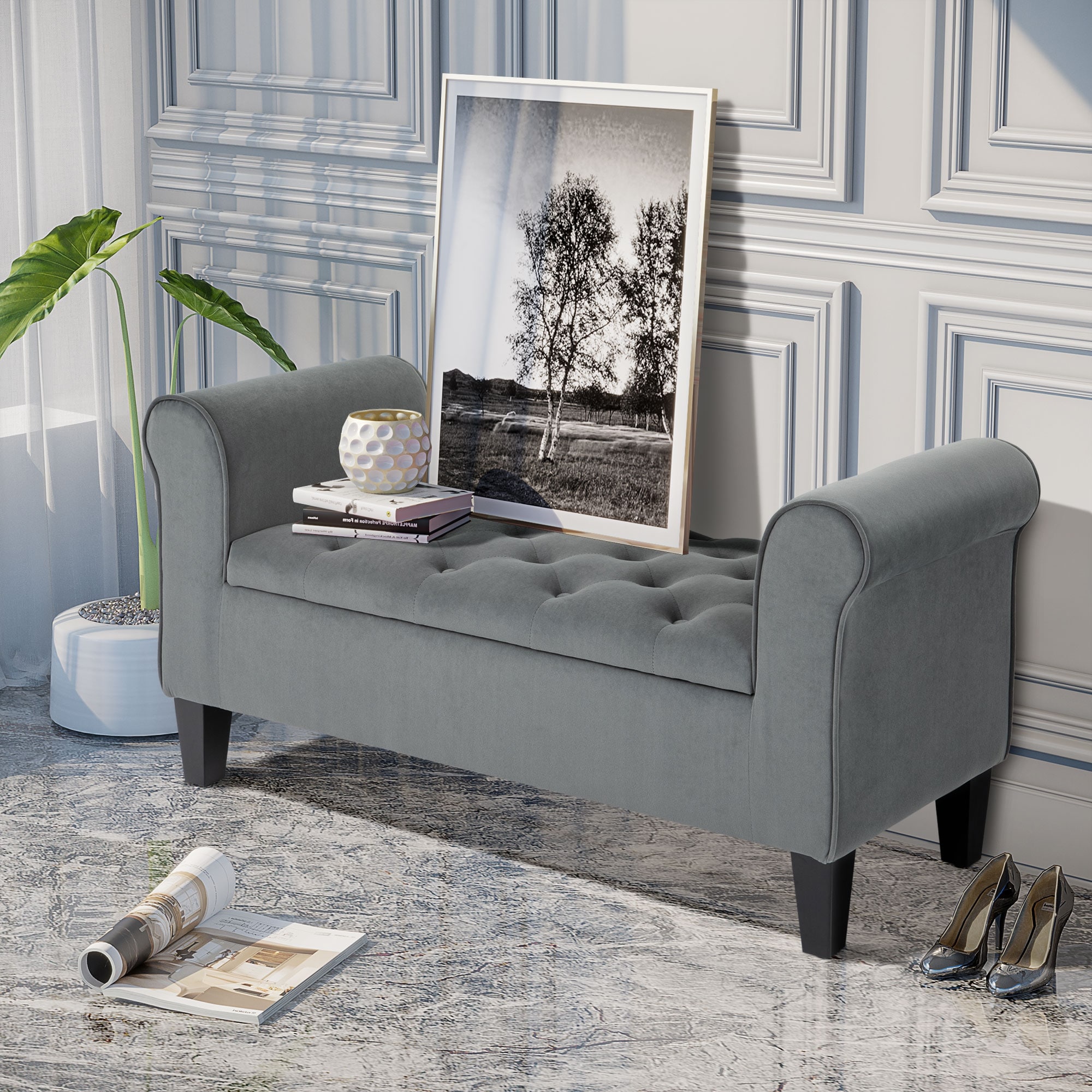 Button-Tufted Storage Ottoman Bench With Rolled Armrests