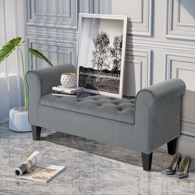 Button-Tufted Storage Ottoman Bench with Rolled Armrests