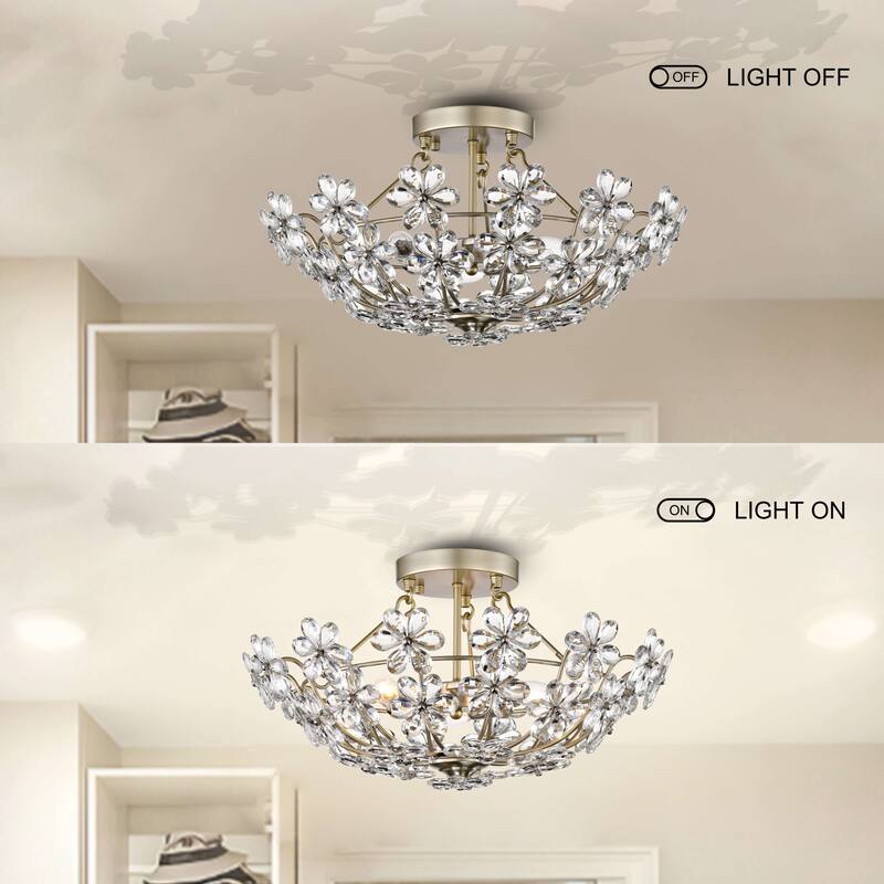 Rosa Glam 3-Light 20" Daisy Crystal Glass Flower Blossom Flush Mount - Brushed Silver-ish Champagne