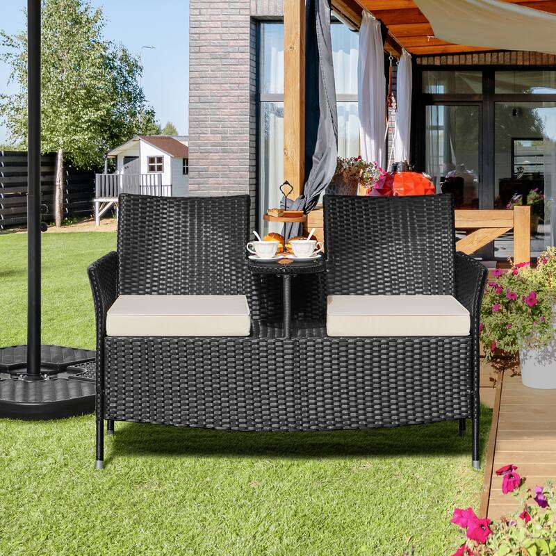 Yaheetech Wicker Patio Conversation Furniture Set for Two People with Side Table and Removable Cushions