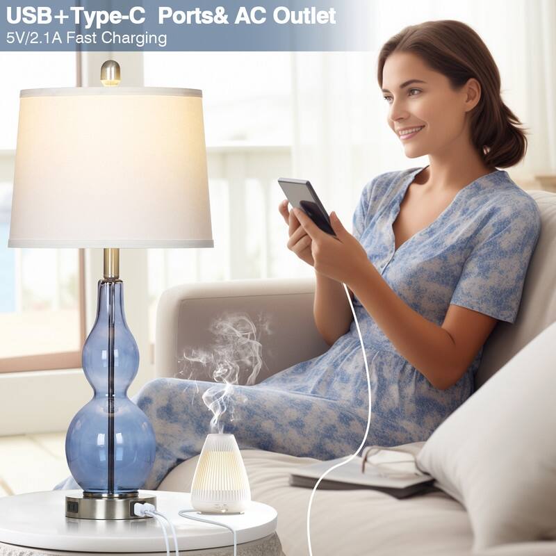 27.5'' Blue Glass Table Lamps with USB-C, USB-A & AC Outlet, Touch Control, Modern Bedside Lamps(Set of 2)
