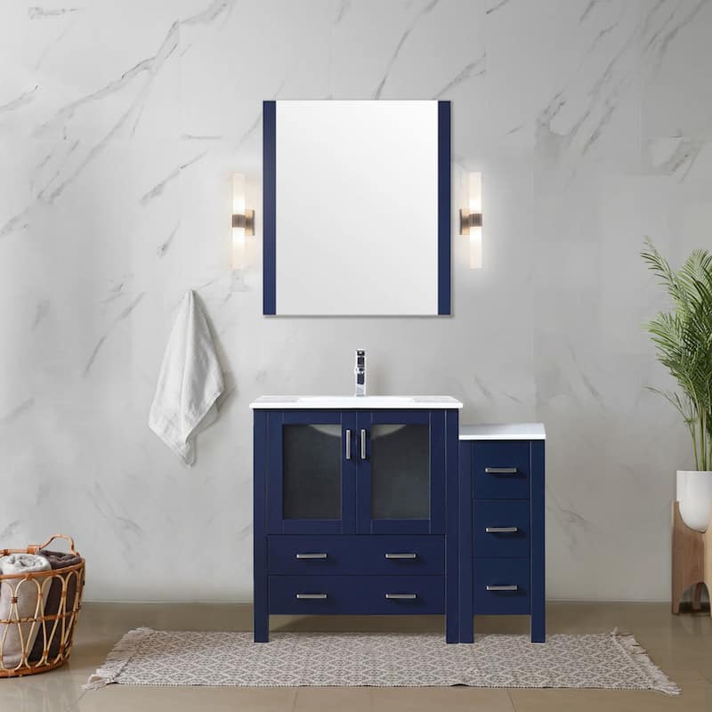 42" Navy Blue Bathroom Vanity with Side Cabinet, White Ceramic Countertop, Monte Faucet Set, and 28" Mirror