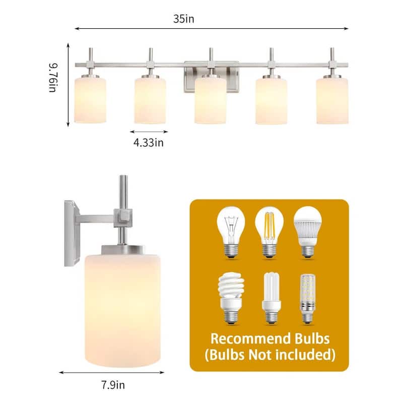 Jasper Brushed Nickel Frosted Glass 5-Light Bathroom Vanity Light