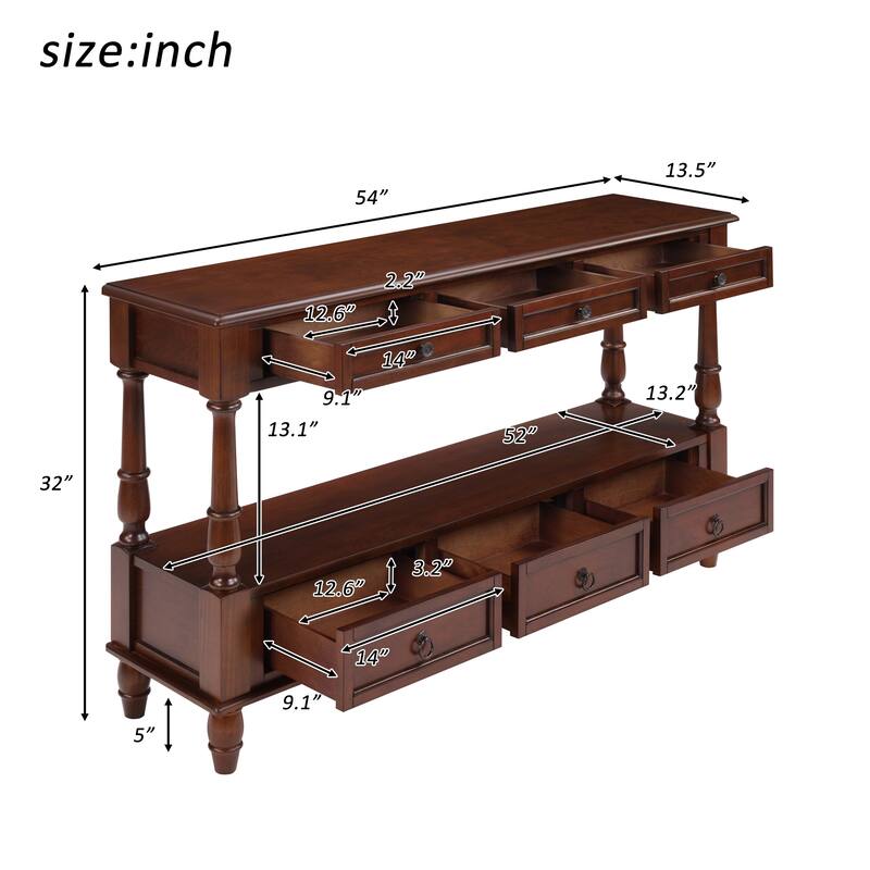 Solid Wood Console Table with 6 Drawers and Shelf, 54 Inch Vintage Entryway Sofa Table