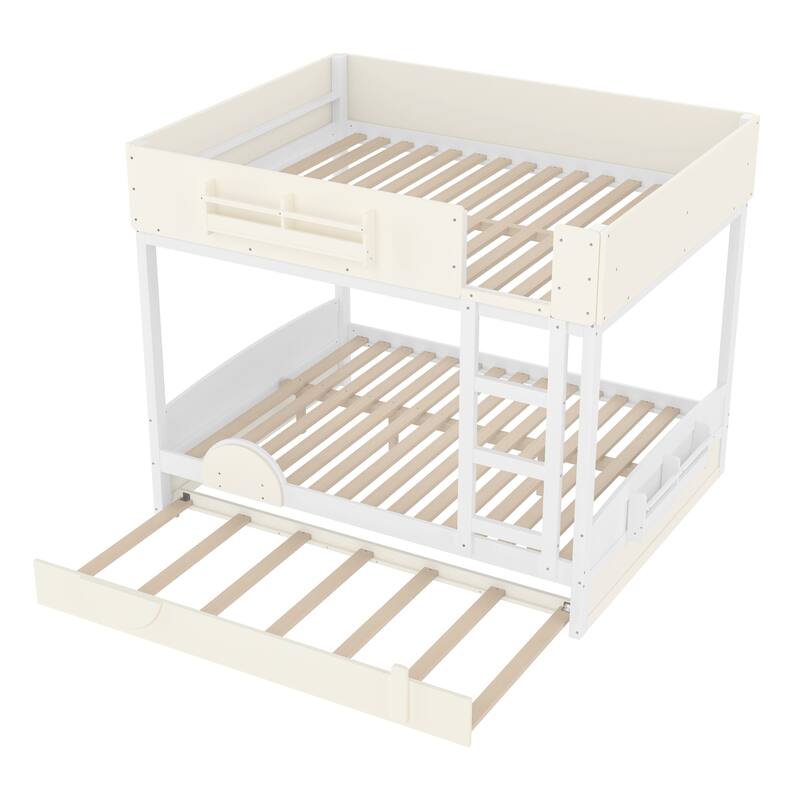 Kids Bed Wooden Bunk Bed with Trundle and Built-in Storage Bookshelves