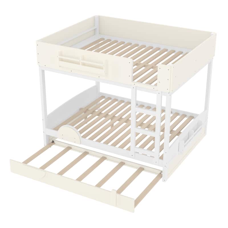 Queen/Full Bunk Bed with Trundle, Built-in Bookshelf & Safety Guardrail, Automobile Design