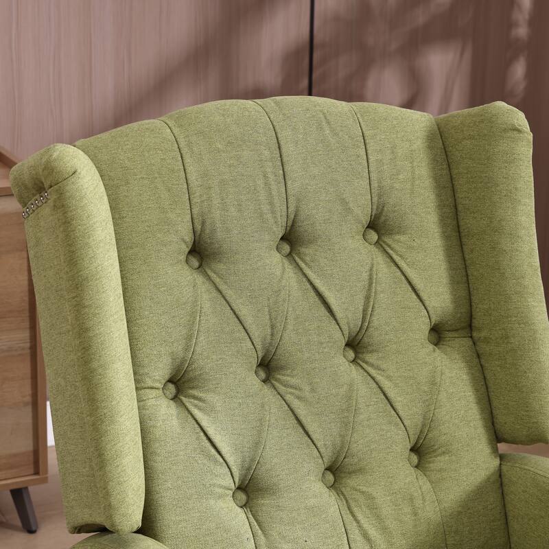 Olive Green Linen 360° Swivel Glider Rocker Manual Recliner with Button-tufted Backrest and Footrest for Living Room, Bedroom