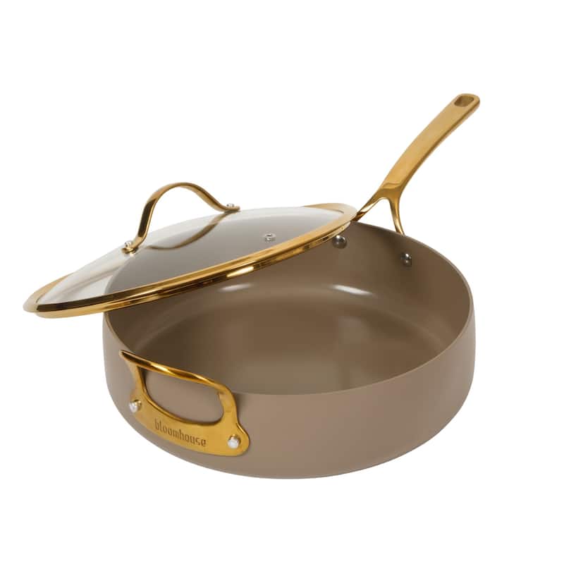Bloomhouse Pots and Pans Heavy Duty Aluminum Premium PFA Free Ceramic Nonstick - Cappucino Cream with Gold Handle