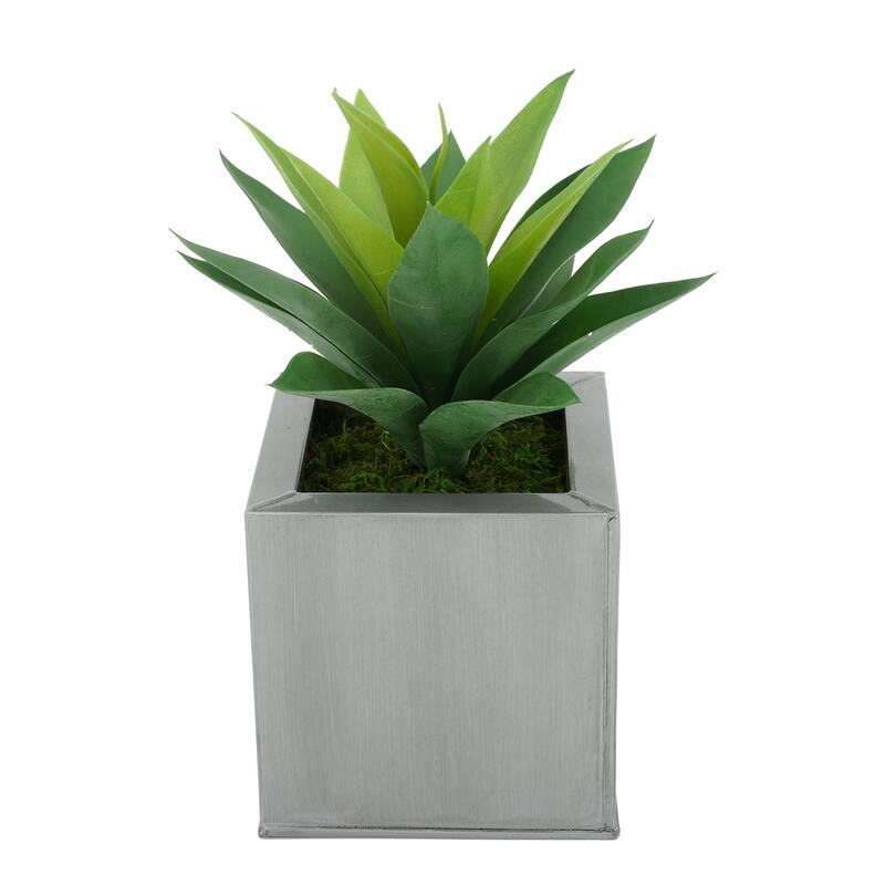 Faux Frosted Light Green Succulent in Square Zinc Planter