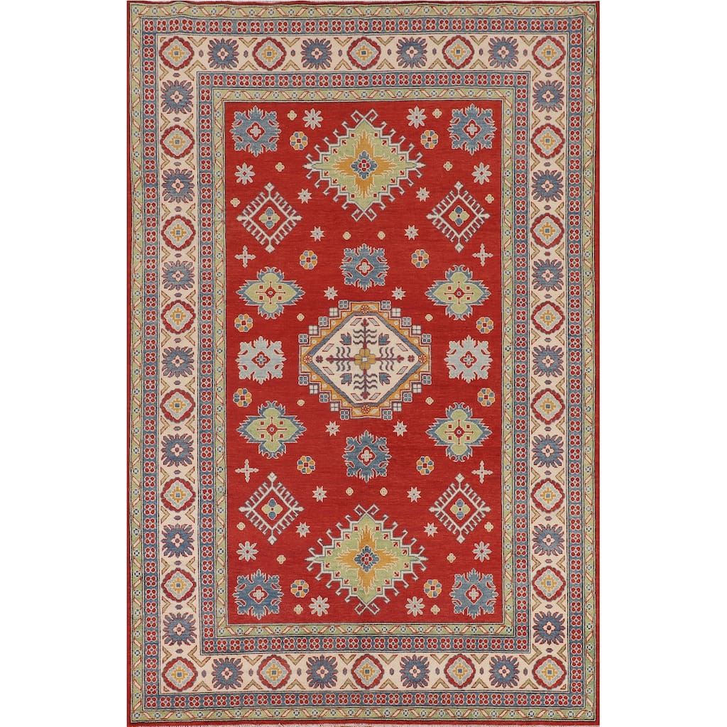 Geometric Red Kazak Oriental Area Rug Handmade Wool Carpet - 6'8" x 9'9"