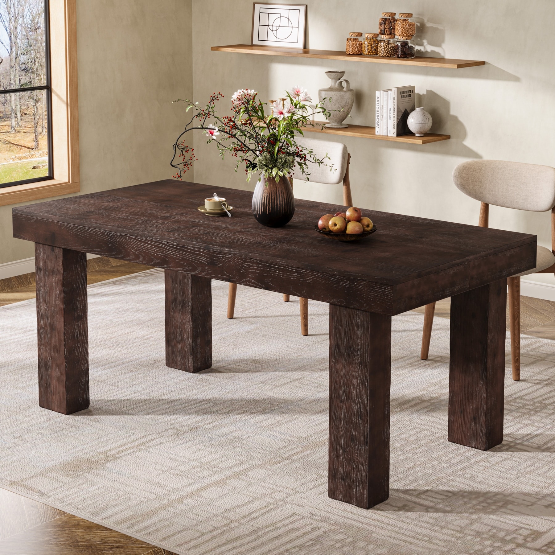 Solid Wood Dining Table, 63" Farmhouse Rectangle Kitchen Table for 4-6