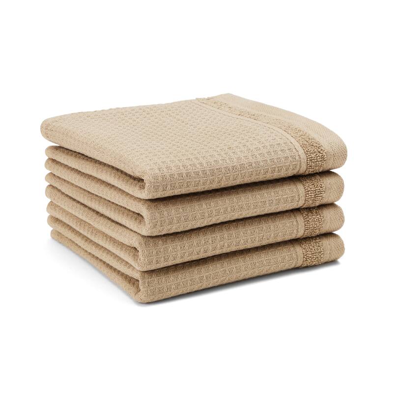 TOWN & COUNTRY BASICS 4-Piece Waffle Woven Terry Stripe Washcloth Set, 13x13-Inch, 100% Cotton, Quick Dry - 13"x13" - Taupe