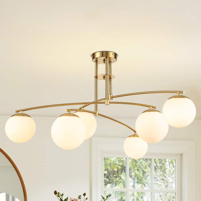6-Light Modern Sputnik Linear Opal Frosted Glass Globe Bubble Semi-Flush Mount Light - 6-Light -Gold