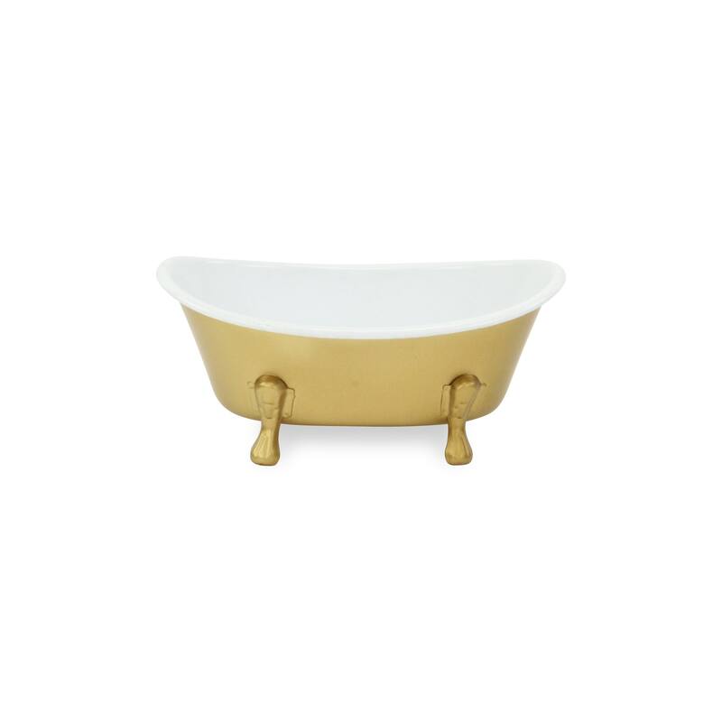 HomeRoots 7" Gold And White Metal Hand Painted Decorative Tub - 7.00 in. x 3.25 in. x 4.00 in.