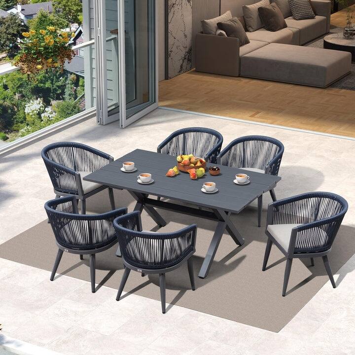 PURPLE LEAF Outdoor Dining Table Set All-Weather Aluminum with Wood Grain Table and Rope Woven Chairs
