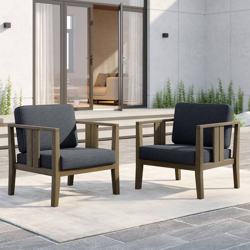 Outdoor Teak Solid Wood Patio Furniture Set Loveseat Armchair Table Collection - Two Accent Chairs - Naturalframe-Darkgrey