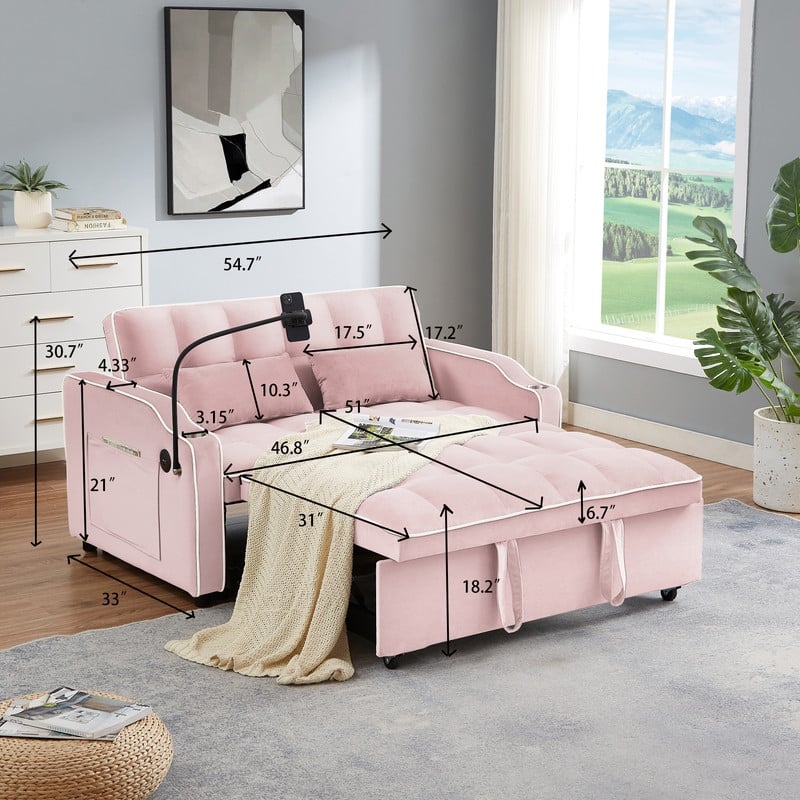 54.7" Velvet Double Upholstered Sofa Bed - Pink
