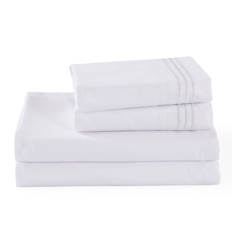 3/4 Pcs Soft Solid & Embroidery Bed Sheets Set - Full - White