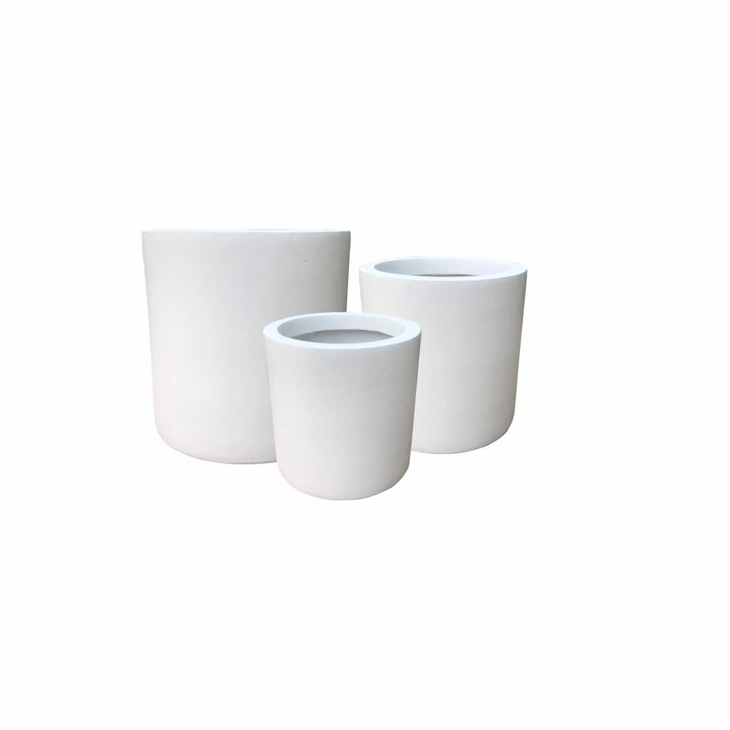 Kante Set of 3 Lightweight Concrete Modern Cylinder Outdoor Planters, 15.8, 12.9 and 9.8 Inch Diameter, Pure White