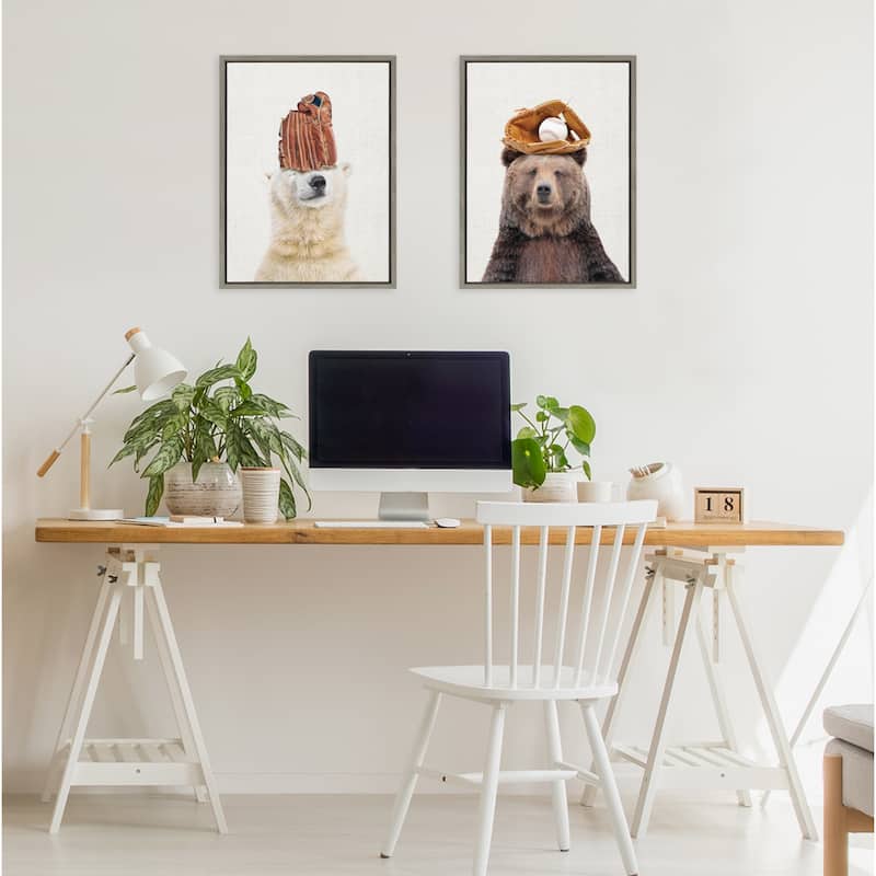 Kate and Laurel Sylvie Bear Baseball Framed Canvas by Amy Peterson