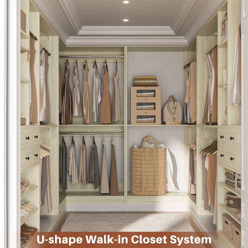 Set of 4 U-Shaped Closet Organizer System with Wood Drawers, Amoire Wardrobe with Shoe Racks