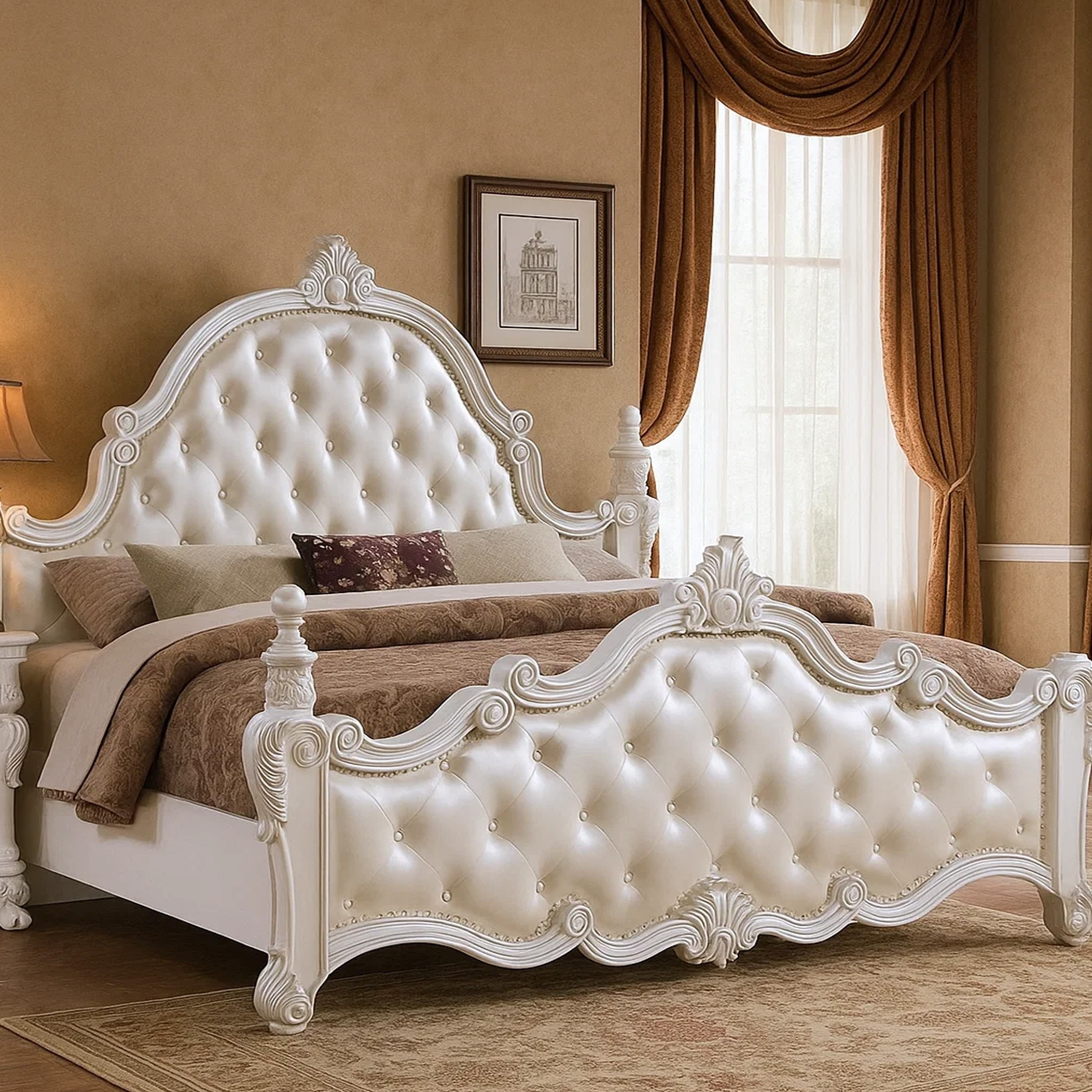 Moni-Queen-Bed,-White-Button-