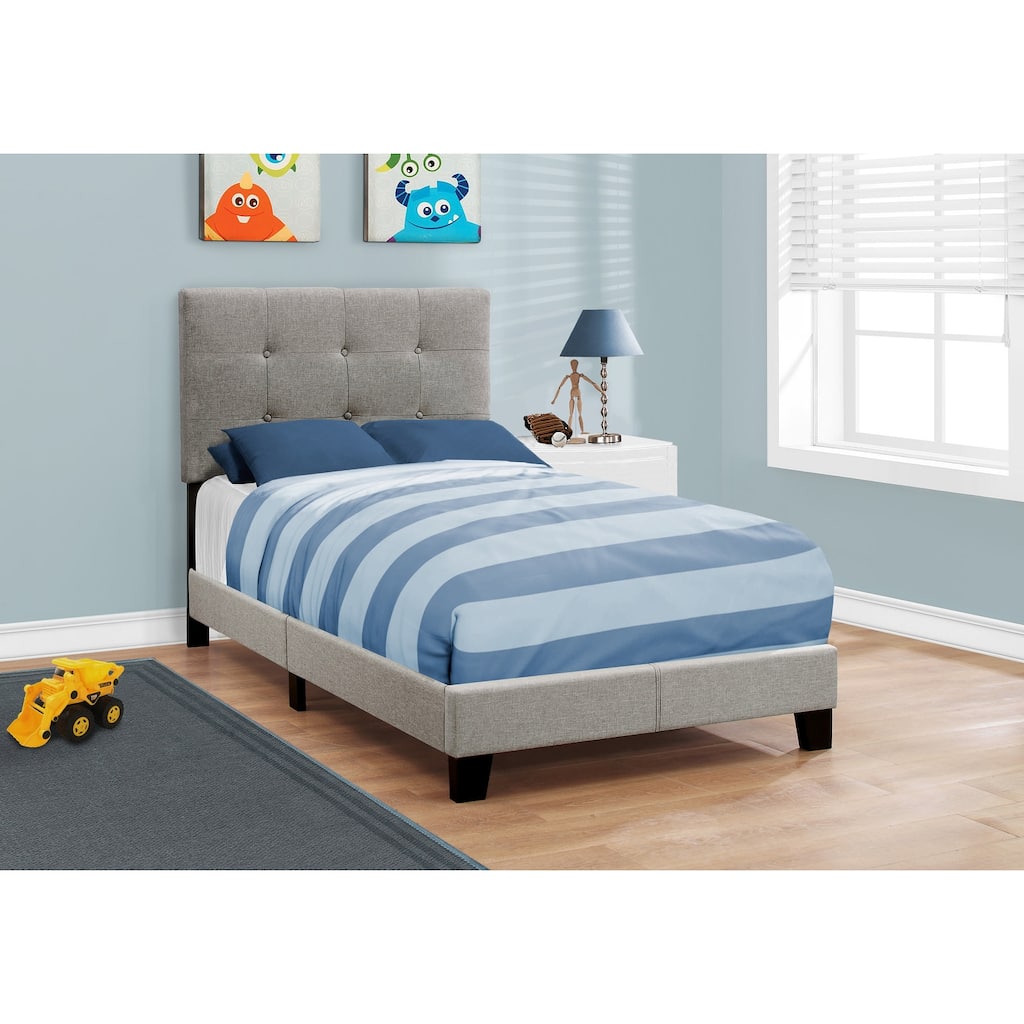 Twin Size Upholstered Platform Bed Frame in Grey Linen Look for Youth and Teen Bedrooms