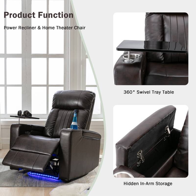 Roomfitters Power Recliner Seat with Storage Arms Cupholders Swivel Tray and Phone Stand, Brown