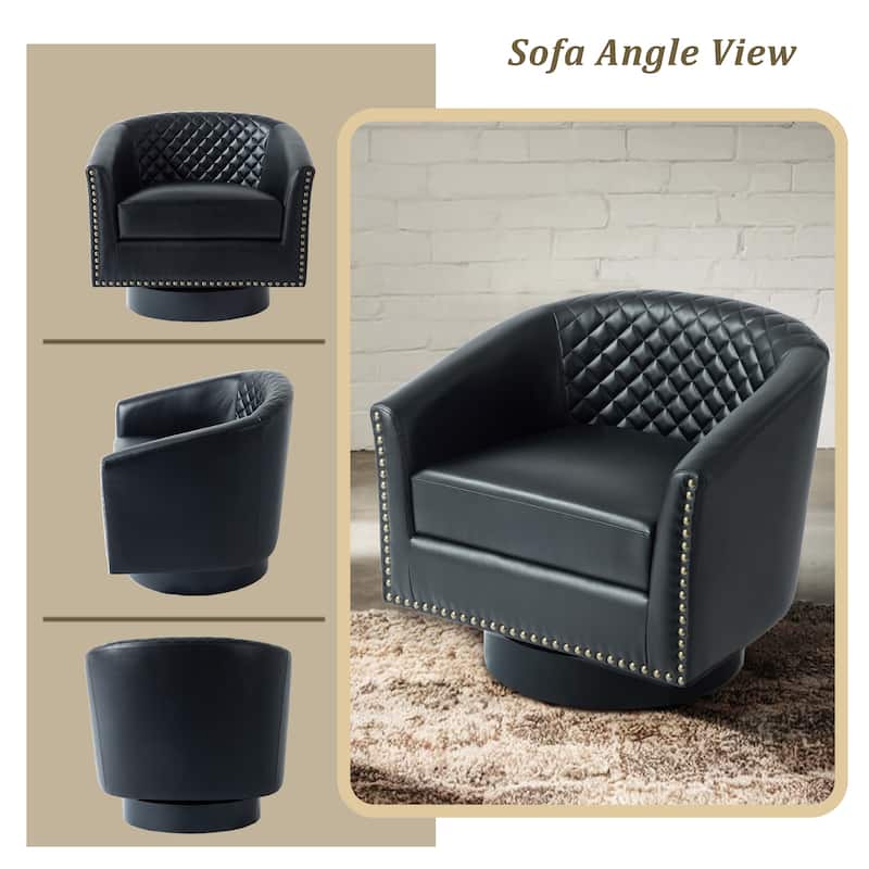 Tufted PU Vegan Leather Swivel Barrel Chair with Nailheads Trim