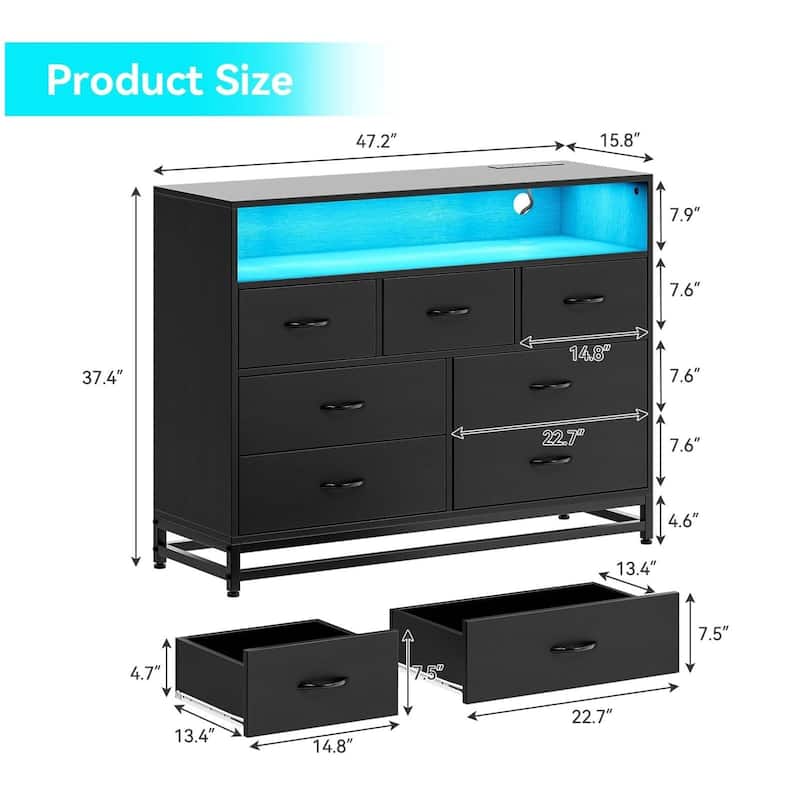 Modern 7-Drawer Dresser with Charging Station and LED Lights