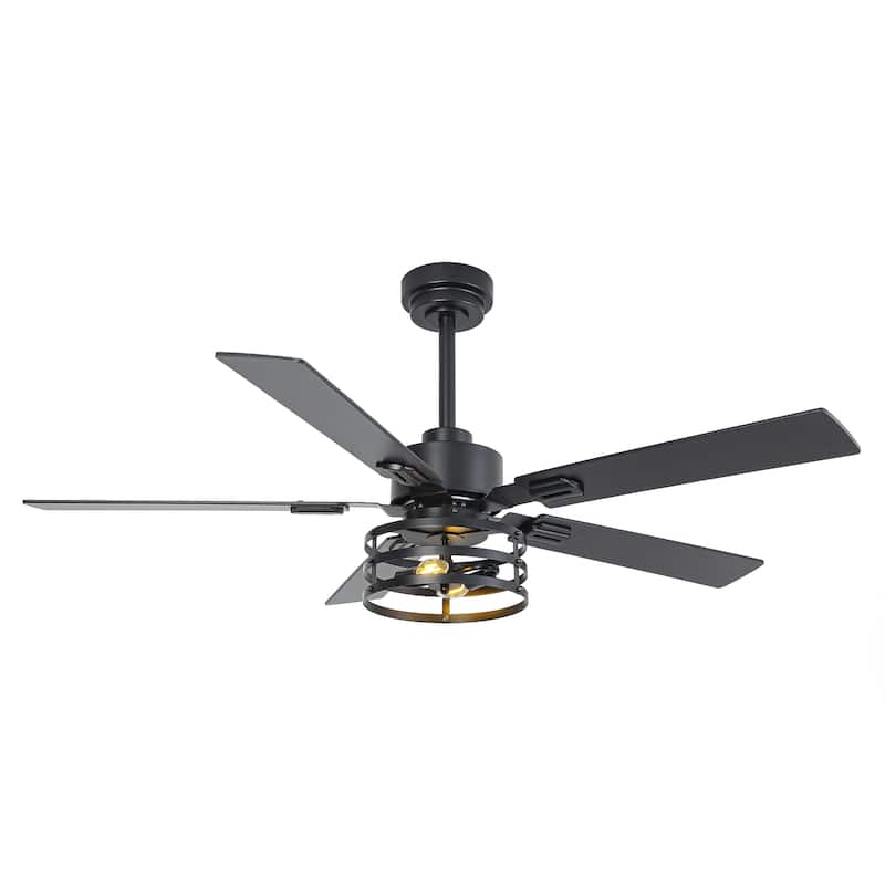52" Industrial Reversible Wood 5-Blade Black Ceiling Fan with Light and APP Control