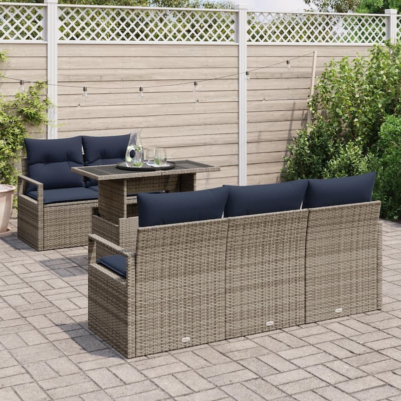 vidaXL 6 Garden Sofa Set with Cushions Black/Brown/Grey Poly Rattan - 68.9 x 24.4 x 27.2
