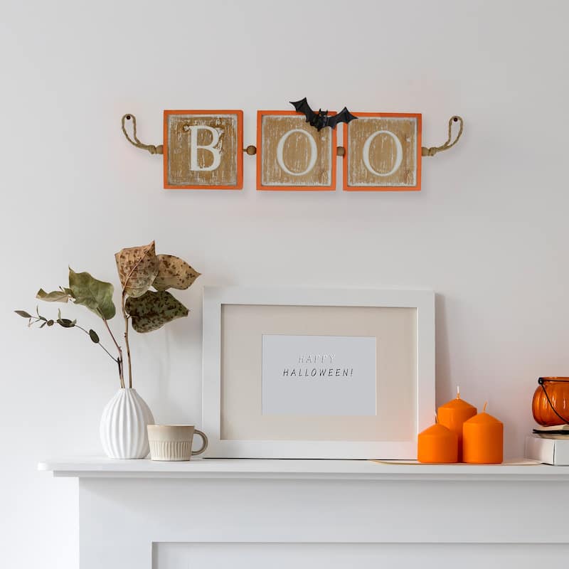 27.5" Beige and Orange BOO Halloween Hanging Banner