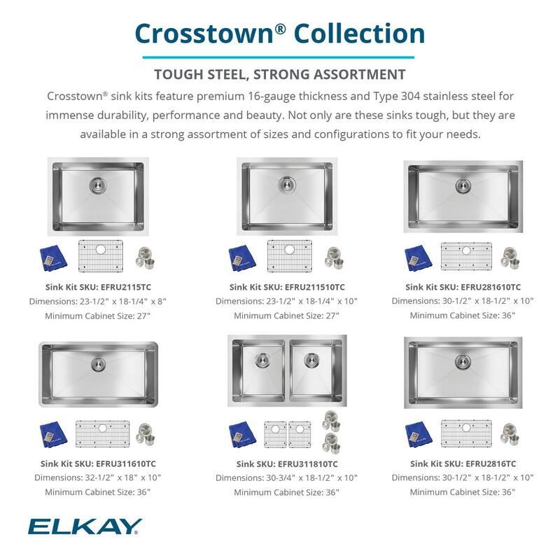 Elkay Crosstown 16 Gauge Stainless Steel, 23-1/2" x 18-1/4" x 10" Single Bowl Undermount Sink Kit