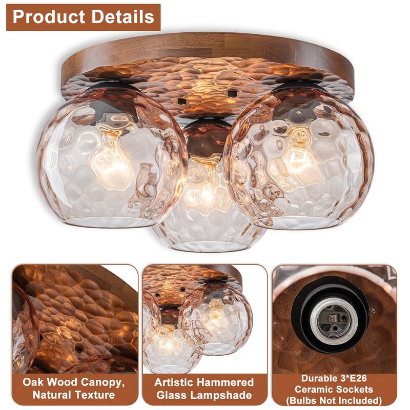 3-Light Rustic Wood Flush Mount Ceiling Light with Textured Amber Glass Shades - Dia.16.54-in