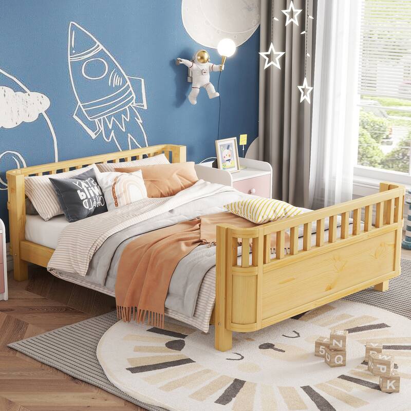 Kids Platform Bed Toddler Low Platform Wood Bed with Removable Guardrail, Rounded Corner Design Bed Frame to Protect Children