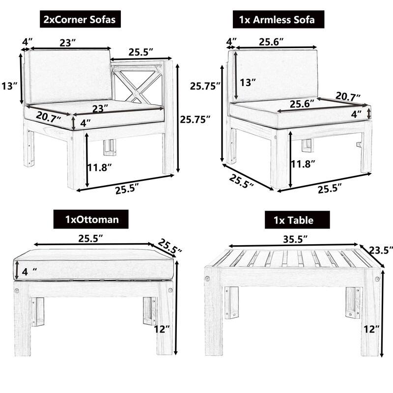 Outdoor Backyard Patio Wood 5-Piece Sectional Sofa Set with Cushions