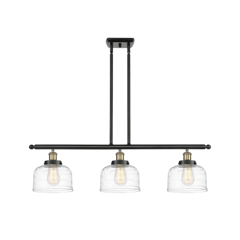 Innovations Lighting Bell - 3 Light 36" Island Light - 8" Shade - Black Antique Brass/Clear Deco Swirl