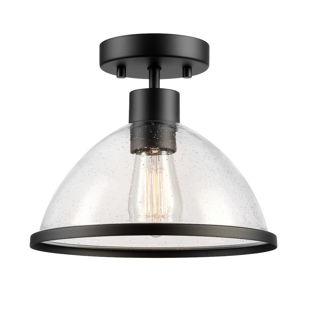 1-Light Outdoor Flush Mount Ceiling Light, Matte Black, Seeded Glass Shade, Weather Resistant, Indoor - 10.35"