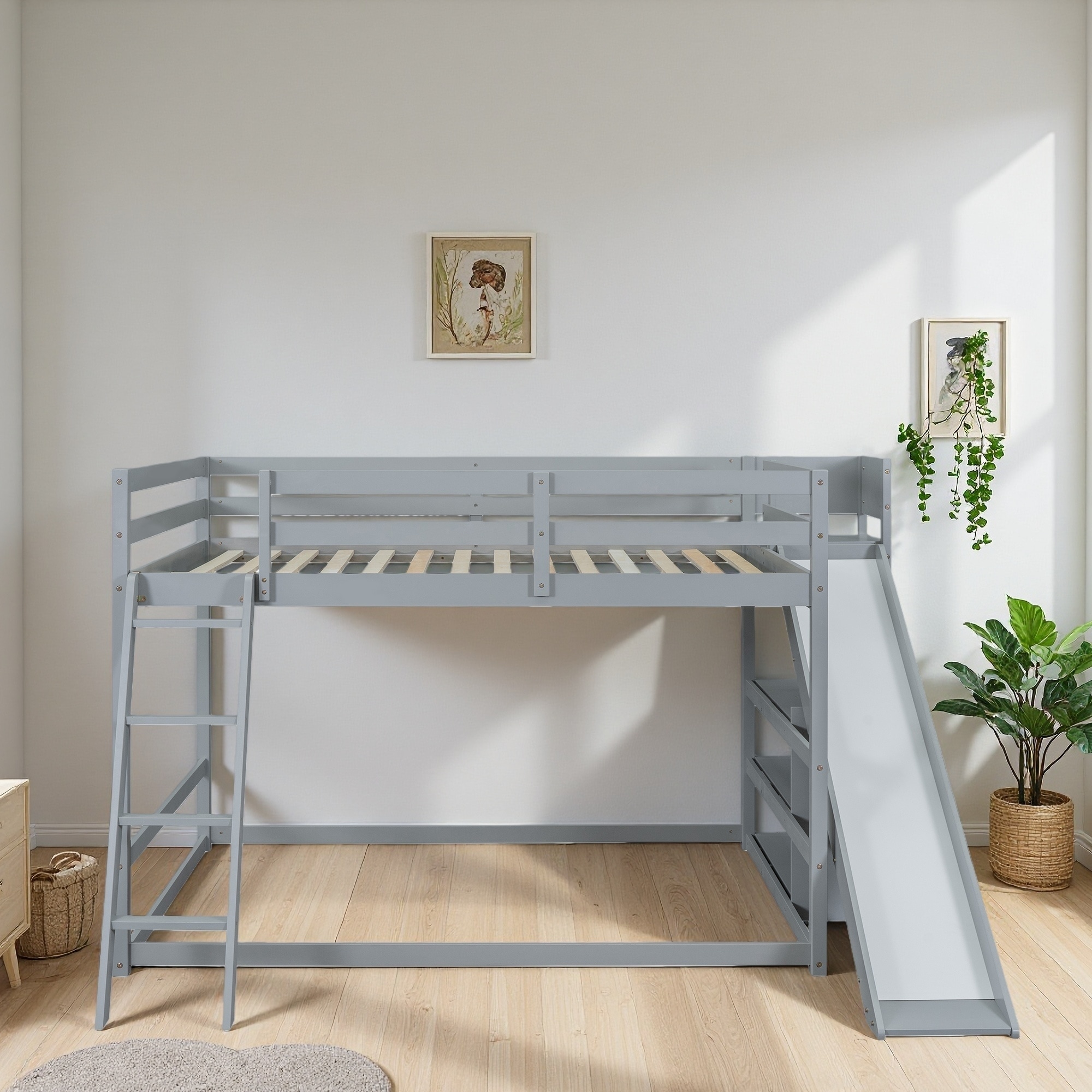 Full over Full Pine Bunk Bed with Slide, Ladder & Shelves
