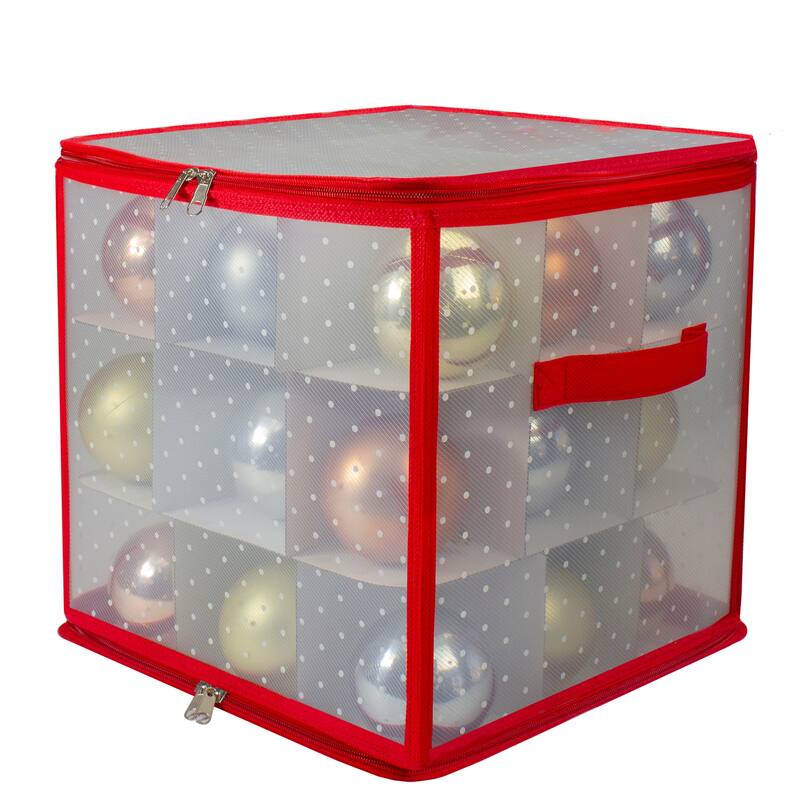 Transparent Zip Up Christmas Storage Box - 12" - Holds 27 Ornaments - Red and Clear