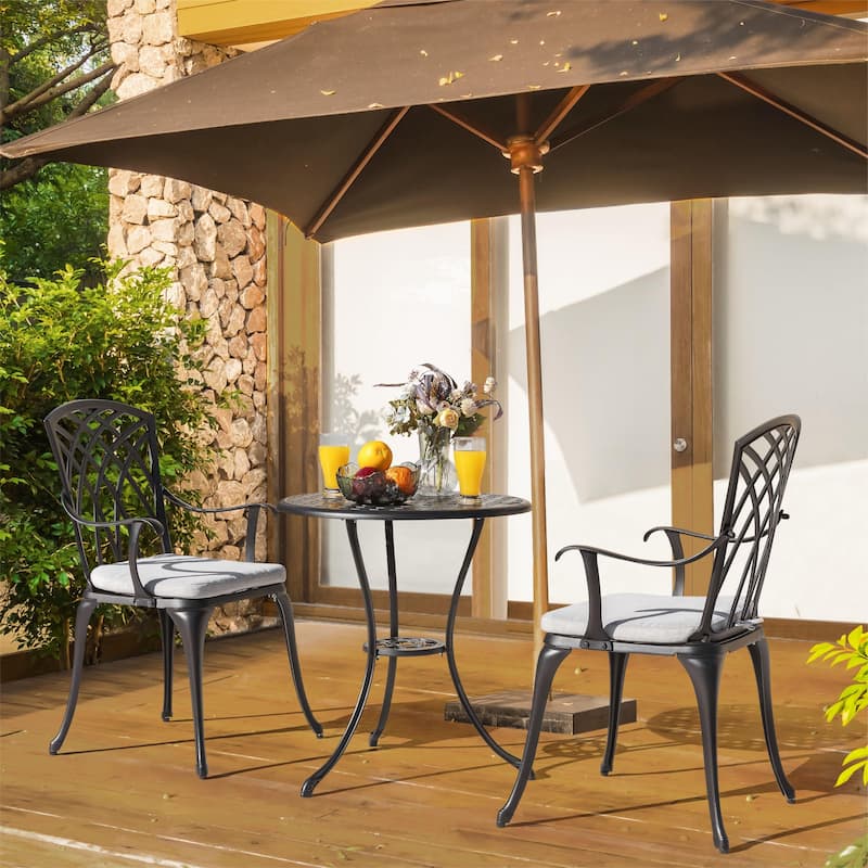 24 Inch Cast Aluminum Bistro Table and 2 Bistro Chairs with Grey Cushions - 24 inches round table