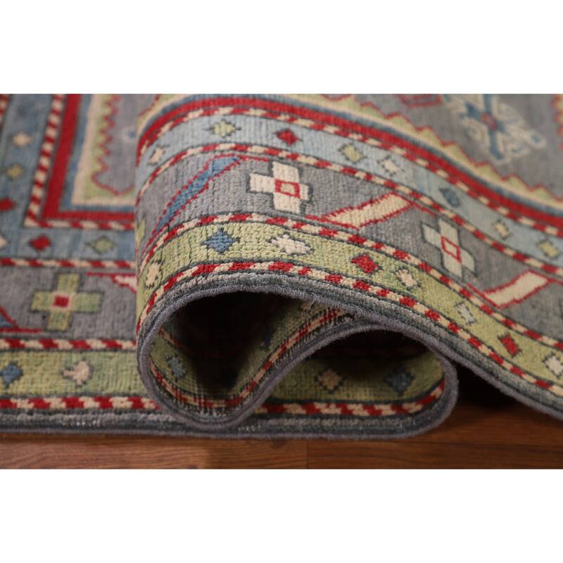 Gray Geometric Kazak Oriental Accent Rug Hand-Knotted Wool Carpet - 3'4"x 5'0"